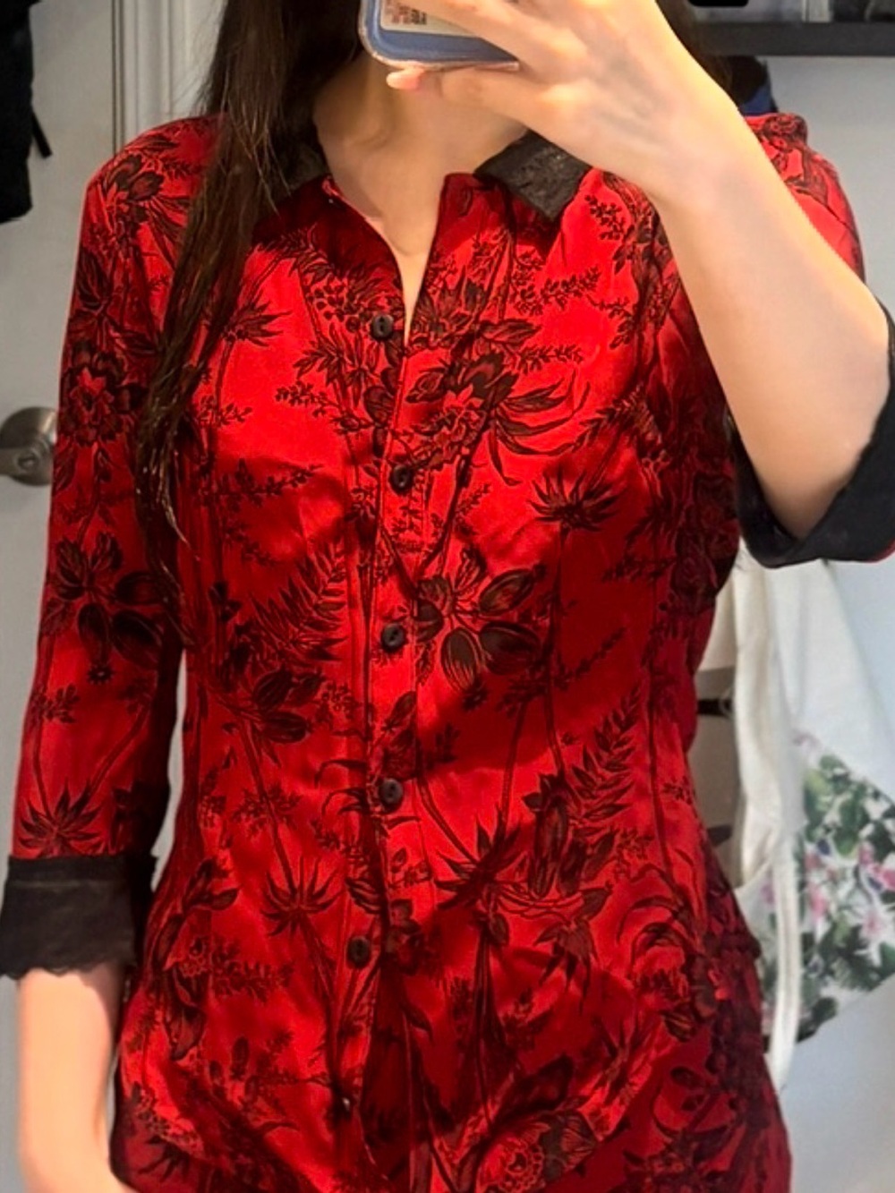 Betsey Johnson Red and Black Floral Blouse with Lace Trim